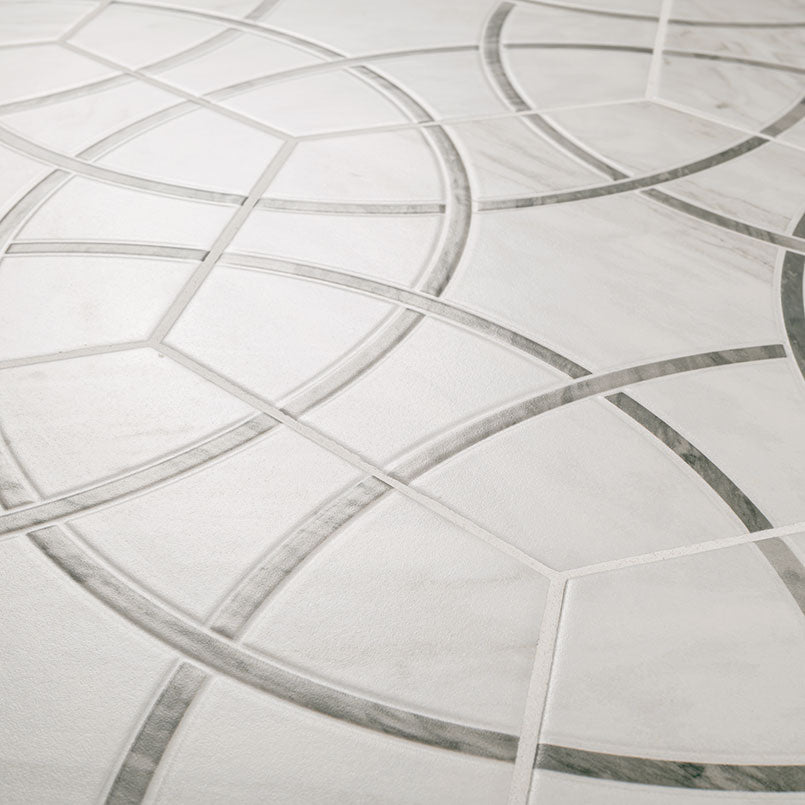 11x13 Geoglam Hexagon Circle Patterned Marble-Look Matte Smooth Porcelain Tile White Gray