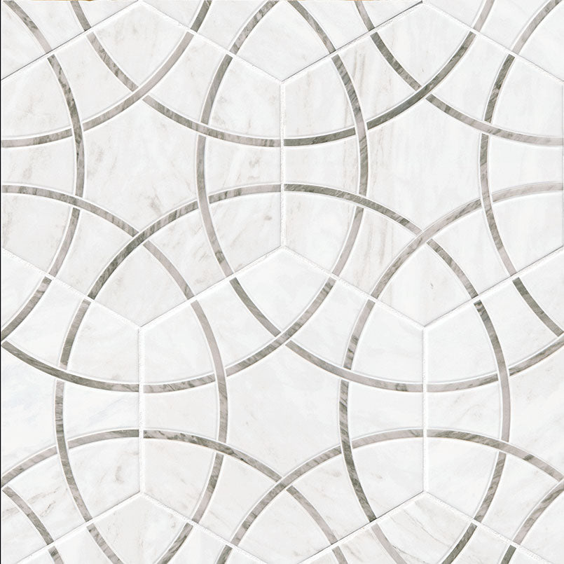 11x13 Geoglam Hexagon Circle Patterned Marble-Look Matte Smooth Porcelain Tile White Gray