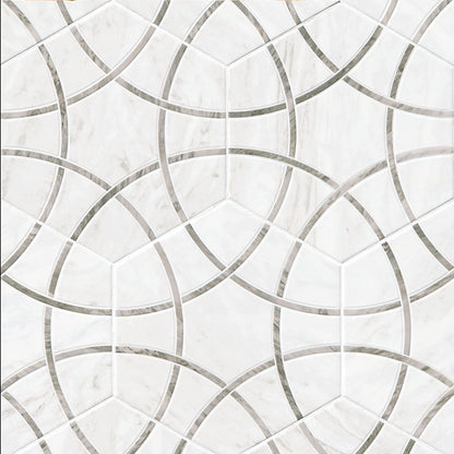 11x13 Geoglam Hexagon Circle Patterned Marble-Look Matte Smooth Porcelain Tile White Gray