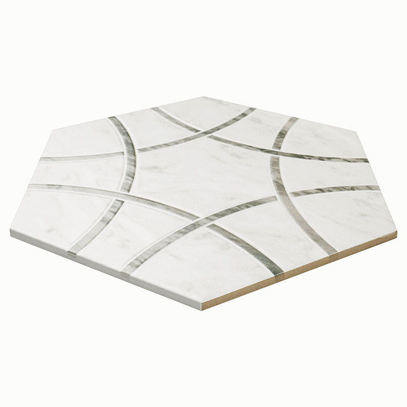 11x13 Geoglam Hexagon Circle Patterned Marble-Look Matte Smooth Porcelain Tile White Gray