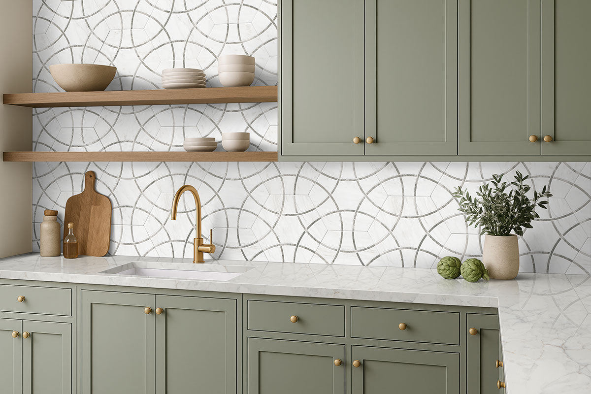 11x13 Geoglam Hexagon Circle Patterned Marble-Look Matte Smooth Porcelain Tile White Gray