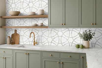 11x13 Geoglam Hexagon Circle Patterned Marble-Look Matte Smooth Porcelain Tile White Gray