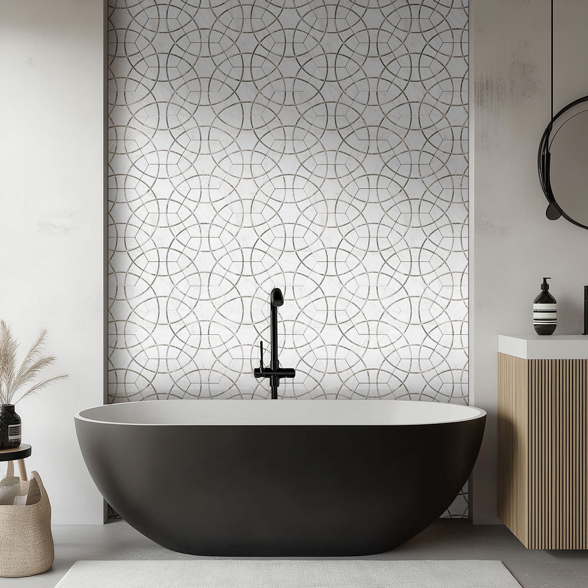 11x13 Geoglam Hexagon Circle Patterned Marble-Look Matte Smooth Porcelain Tile White Gray