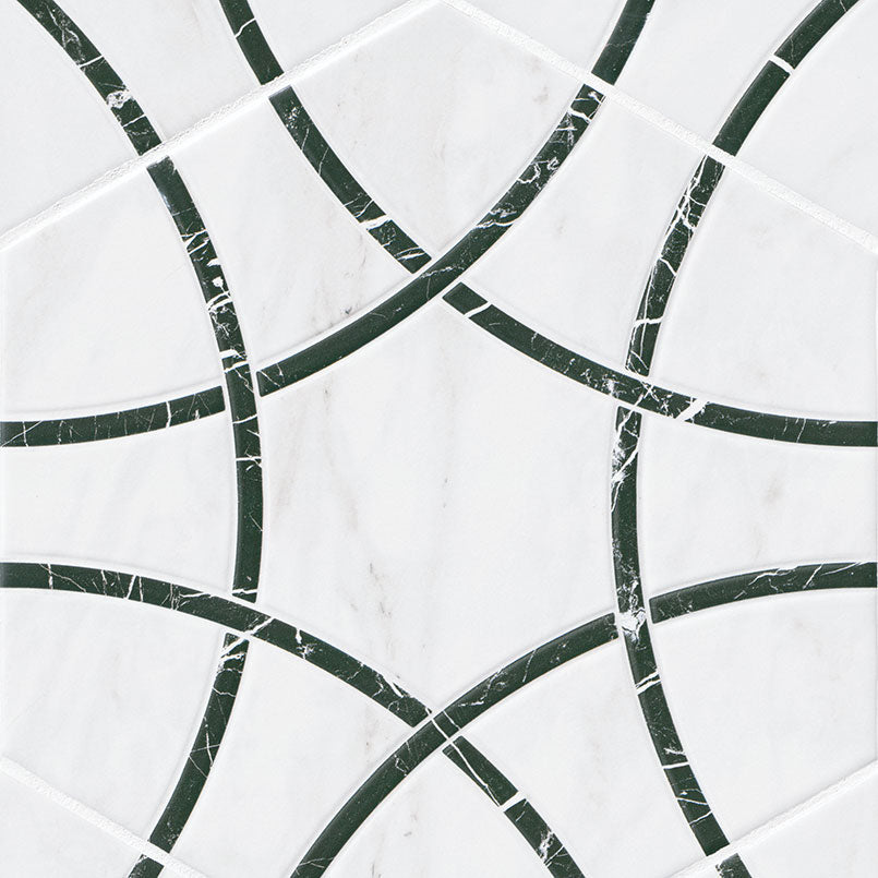 11x13 Geoglam Hexagon Circle Patterned Marble-Look Matte Smooth Porcelain Tile White Black