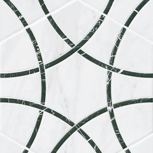 11x13 Geoglam Hexagon Circle Patterned Marble-Look Matte Smooth Porcelain Tile White Black