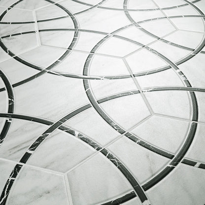 11x13 Geoglam Hexagon Circle Patterned Marble-Look Matte Smooth Porcelain Tile White Black