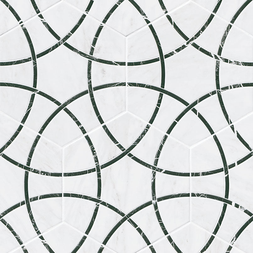 11x13 Geoglam Hexagon Circle Patterned Marble-Look Matte Smooth Porcelain Tile White Black