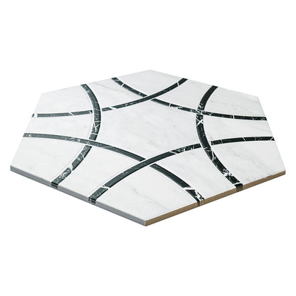 11x13 Geoglam Hexagon Circle Patterned Marble-Look Matte Smooth Porcelain Tile White Black