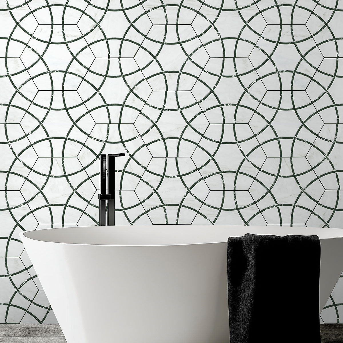 11x13 Geoglam Hexagon Circle Patterned Marble-Look Matte Smooth Porcelain Tile White Black