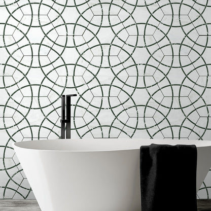 11x13 Geoglam Hexagon Circle Patterned Marble-Look Matte Smooth Porcelain Tile White Black