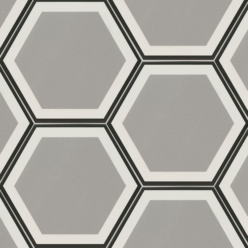 9x10 Hexley Hexagon Solid-Color Matte Smooth Ceramic Tile Framed Grey