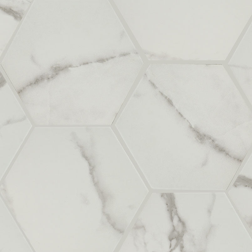 9x10 Hexley Hexagon Marble-Look Matte Smooth Ceramic Tile White Marble