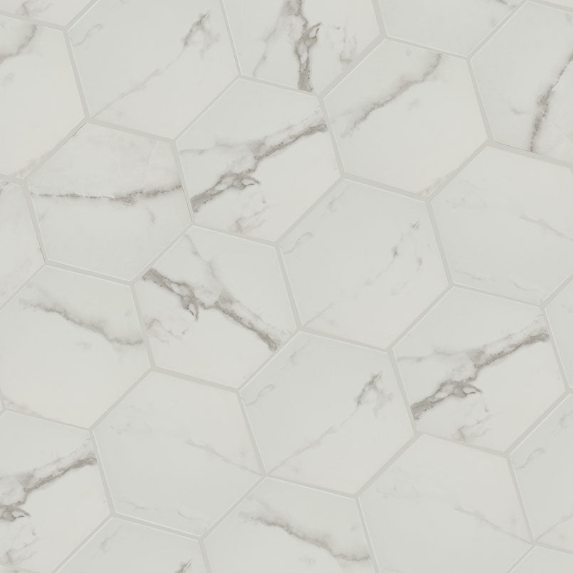 9x10 Hexley Hexagon Marble-Look Matte Smooth Ceramic Tile White Marble