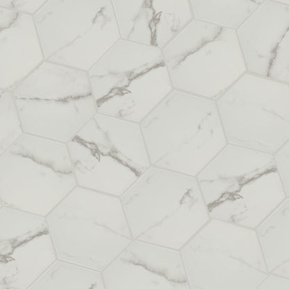 9x10 Hexley Hexagon Marble-Look Matte Smooth Ceramic Tile White Marble