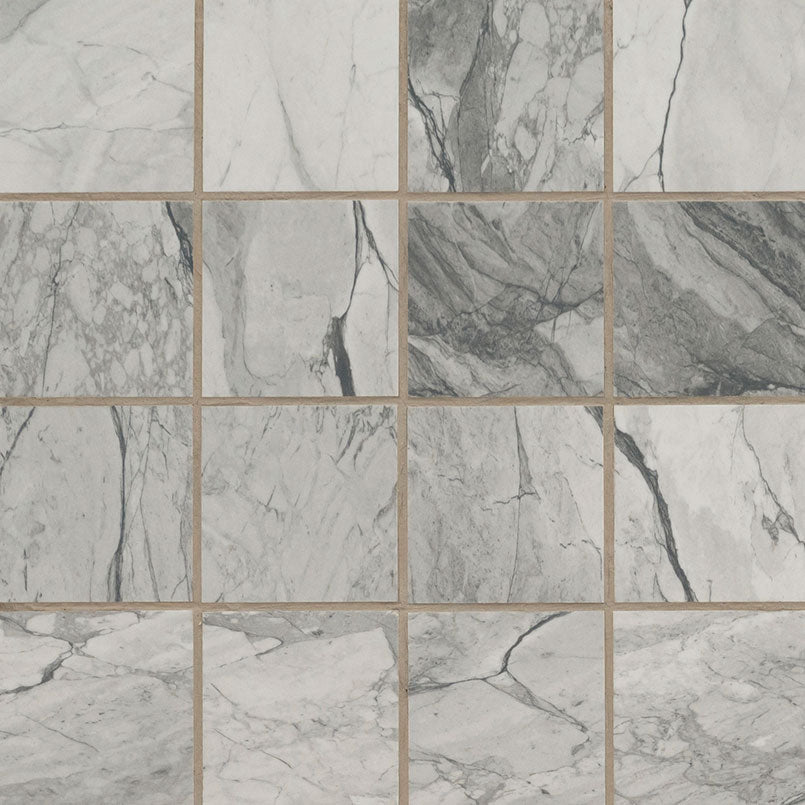 3x3 Kaya Intense Veining Mosaic Marble-Look Matte Smooth Porcelain Tile Gray