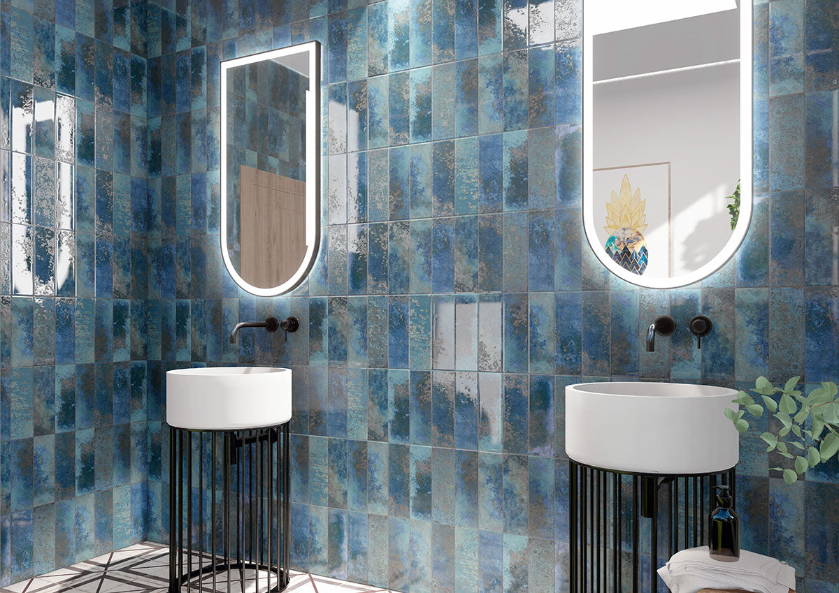 4x12 Marza Rustic Mixed-Color Glossy Textured Ceramic Tile Blue Gray
