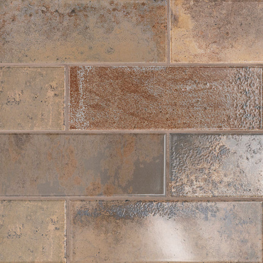 4x12 Marza Rustic Mixed-Color Glossy Textured Ceramic Tile Brown Bronze