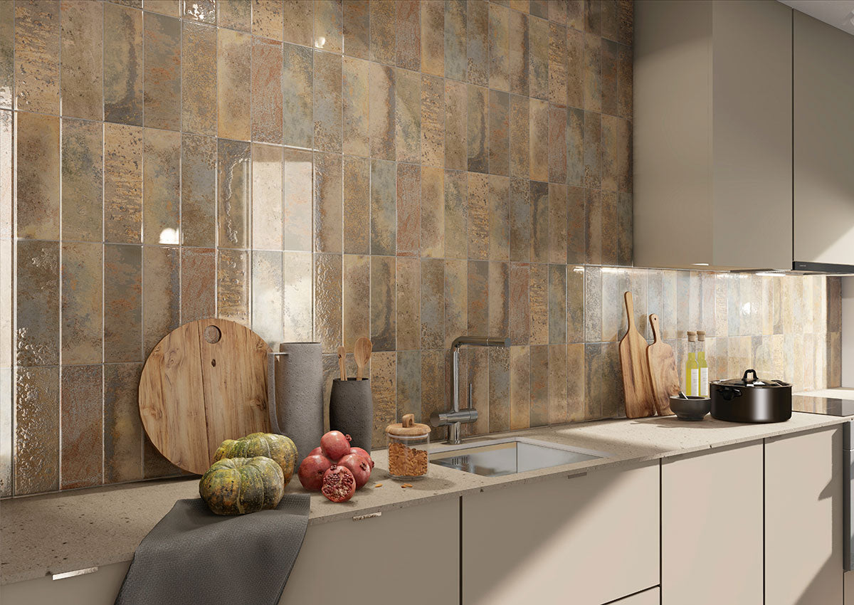 4x12 Marza Rustic Mixed-Color Glossy Textured Ceramic Tile Brown Bronze
