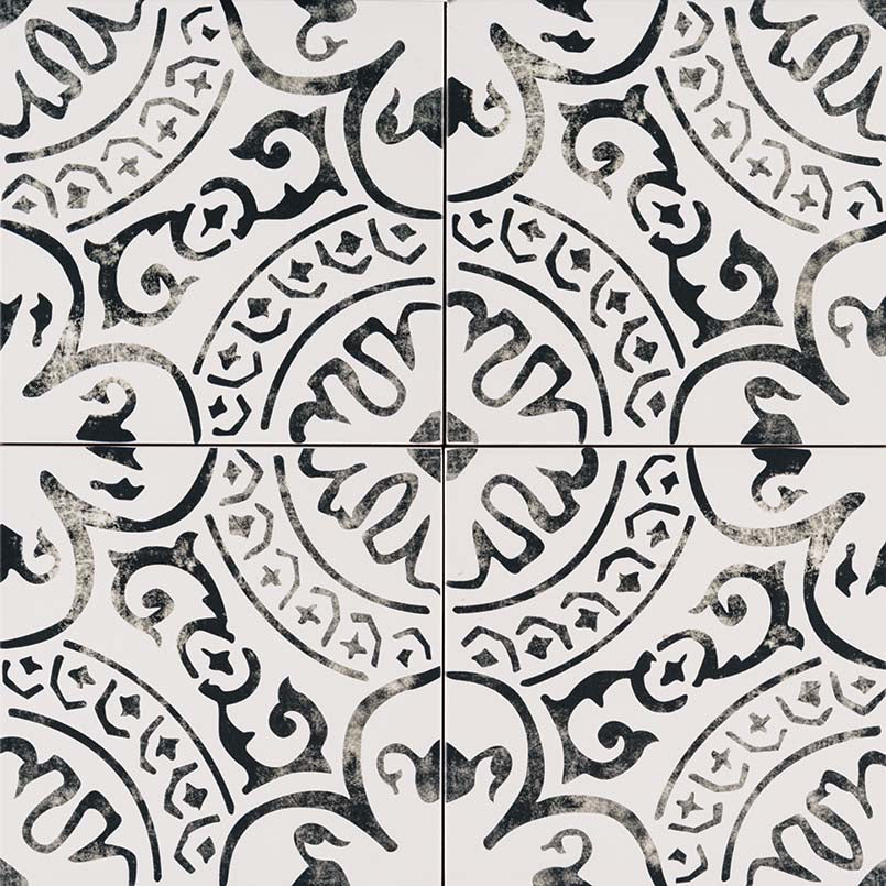 8x8 Kenzzi Pal Moroccan Encaustic-Look Matte Smooth Porcelain Tile Black Ivory