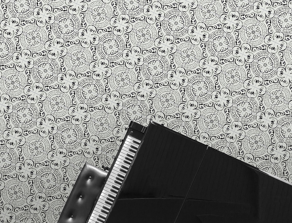 8x8 Kenzzi Pal Moroccan Encaustic-Look Matte Smooth Porcelain Tile Black Ivory