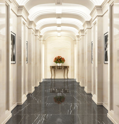 12x24 Regallo Midnight Marble-Look Polished Smooth Porcelain Tile Jet Black