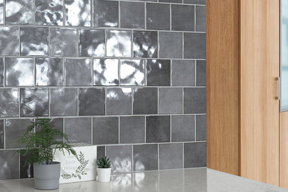 5x5 Renzo Patterned Natural-Look Glossy Textured Ceramic Tile Dark Gray