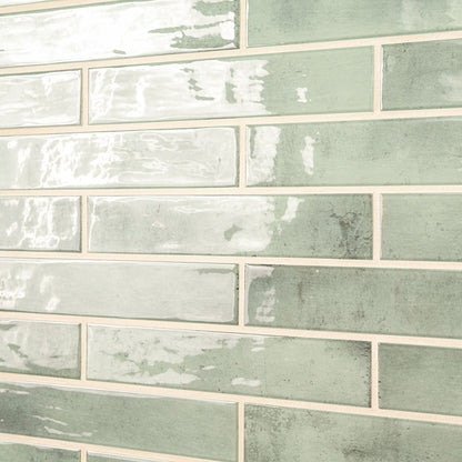 2x10 Stella Mosaic Stone-Look Glossy Smooth Ceramic Tile Sage Green