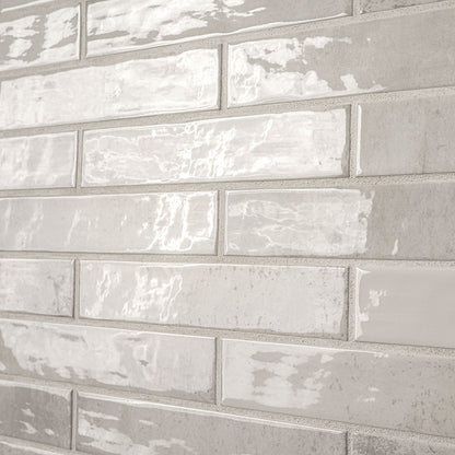 2x10 Stella Mosaic Stone-Look Glossy Smooth Ceramic Tile Light Grey