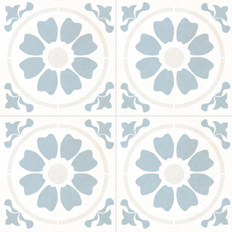 8x8 Kenzzi Circular Floral Medallion Patterned Encaustic-Look Matte Textured Porcelain Tile Sky White