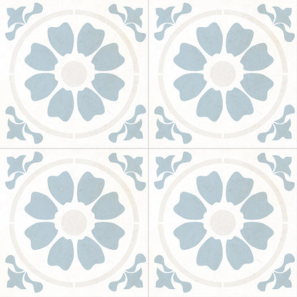 8x8 Kenzzi Circular Floral Medallion Patterned Encaustic-Look Matte Textured Porcelain Tile Sky White