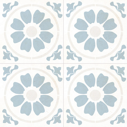 8x8 Kenzzi Circular Floral Medallion Patterned Encaustic-Look Matte Textured Porcelain Tile Sky White