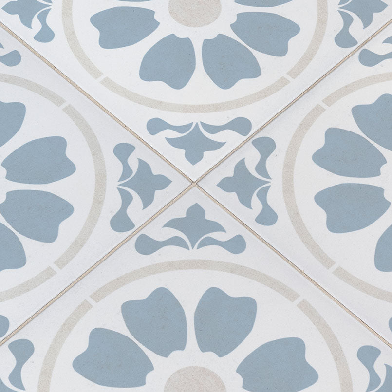 8x8 Kenzzi Circular Floral Medallion Patterned Encaustic-Look Matte Textured Porcelain Tile Sky White