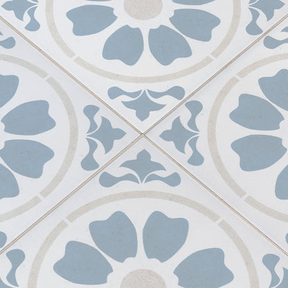 8x8 Kenzzi Circular Floral Medallion Patterned Encaustic-Look Matte Textured Porcelain Tile Sky White