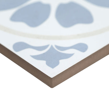 8x8 Kenzzi Circular Floral Medallion Patterned Encaustic-Look Matte Textured Porcelain Tile Sky White