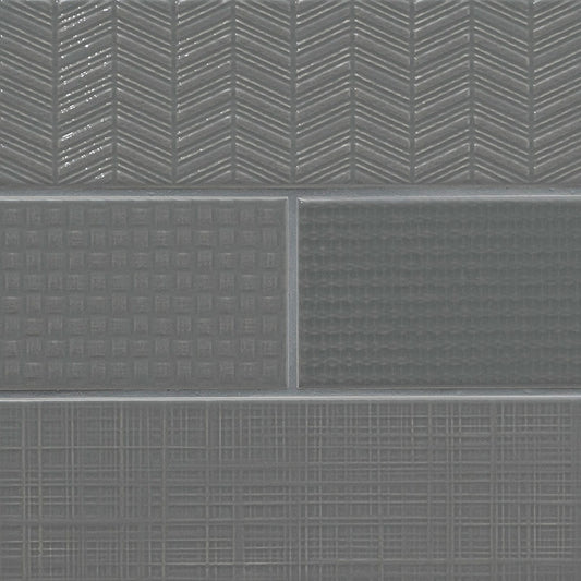 4x12 Urbano Grid Linear Solid-Color Glossy Smooth Ceramic Tile Dark Gray