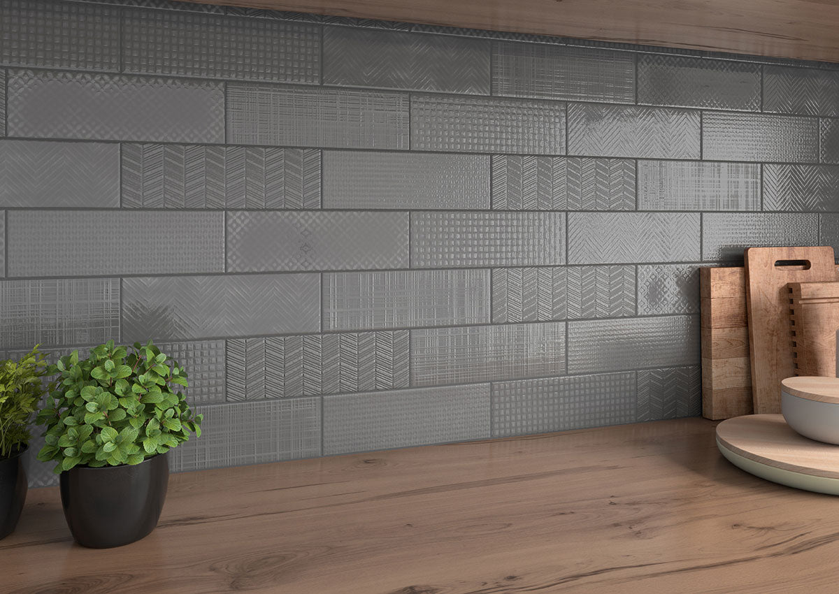 4x12 Urbano Grid Linear Solid-Color Glossy Smooth Ceramic Tile Dark Gray