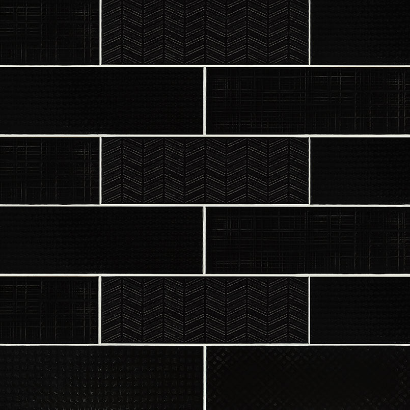 4x12 Urbano Grid Linear Solid-Color Glossy Smooth Ceramic Tile Black