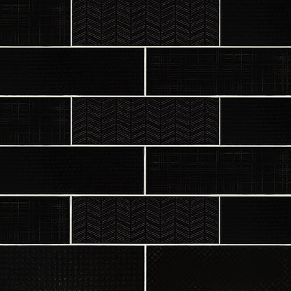 4x12 Urbano Grid Linear Solid-Color Glossy Smooth Ceramic Tile Black