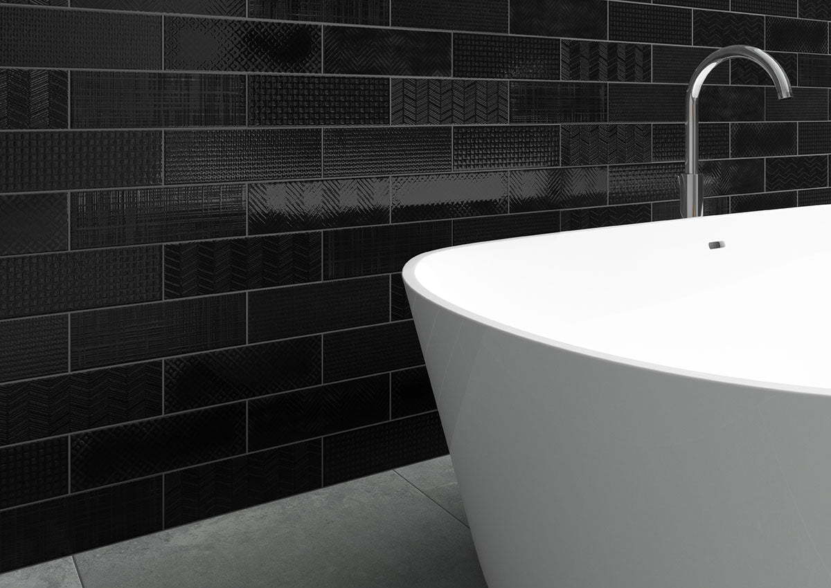4x12 Urbano Grid Linear Solid-Color Glossy Smooth Ceramic Tile Black