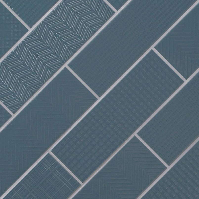 4x12 Urbano Grid Linear Solid-Color Glossy Smooth Ceramic Tile Dark Blue