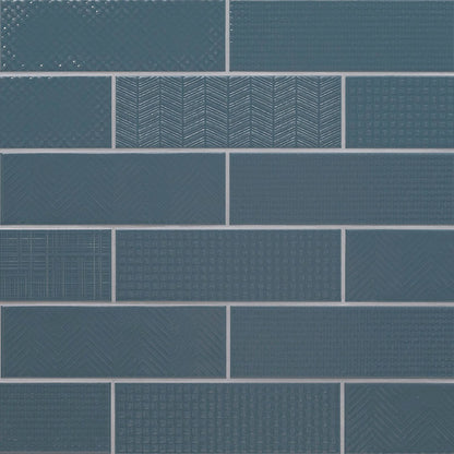 4x12 Urbano Grid Linear Solid-Color Glossy Smooth Ceramic Tile Dark Blue