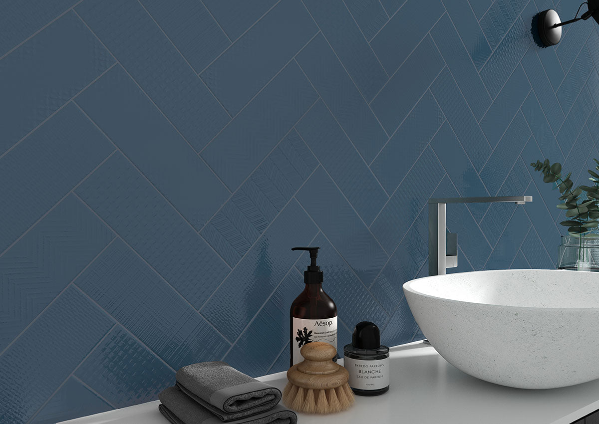 4x12 Urbano Grid Linear Solid-Color Glossy Smooth Ceramic Tile Dark Blue