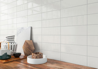 Beige White - 4x12 Urbano Grid Linear Solid-Color Glossy Smooth Ceramic Tile