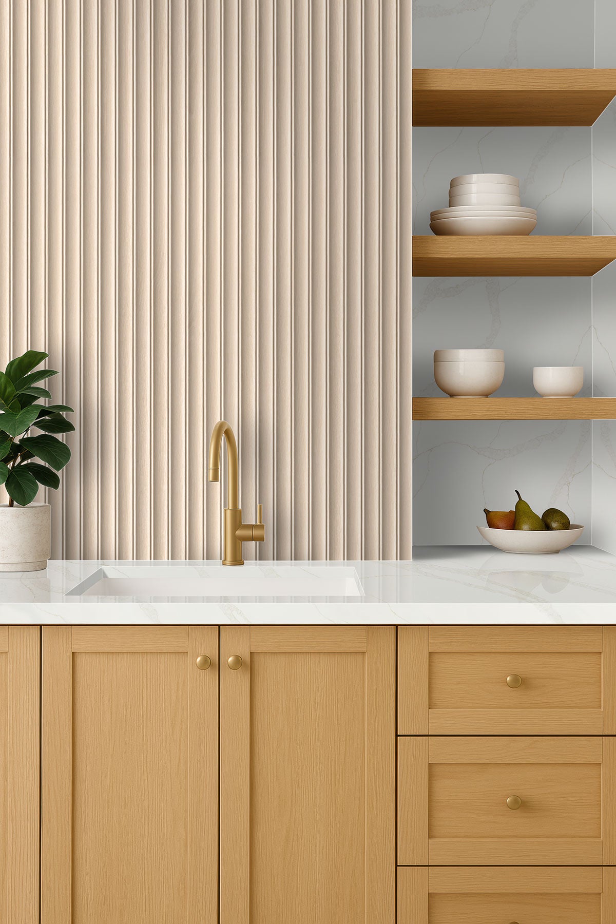 16x48 Urbanslat Mosaic Wood-Look Matte 3D Geometric Line-Relief Ceramic Tile Cream Beige