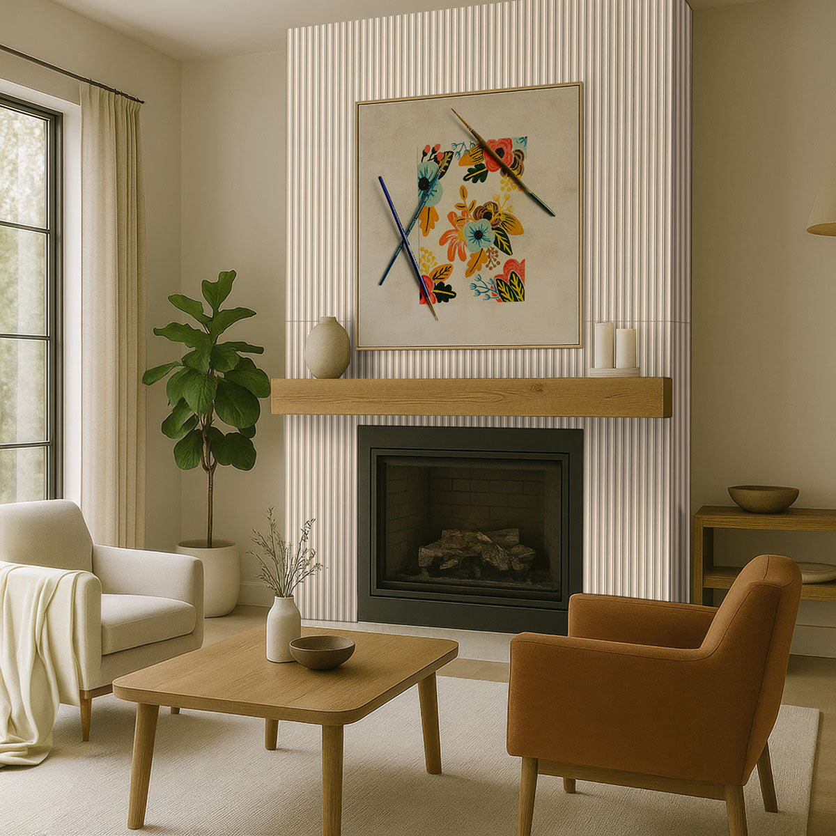 16x48 Urbanslat Mosaic Wood-Look Matte 3D Geometric Line-Relief Ceramic Tile Cream Beige