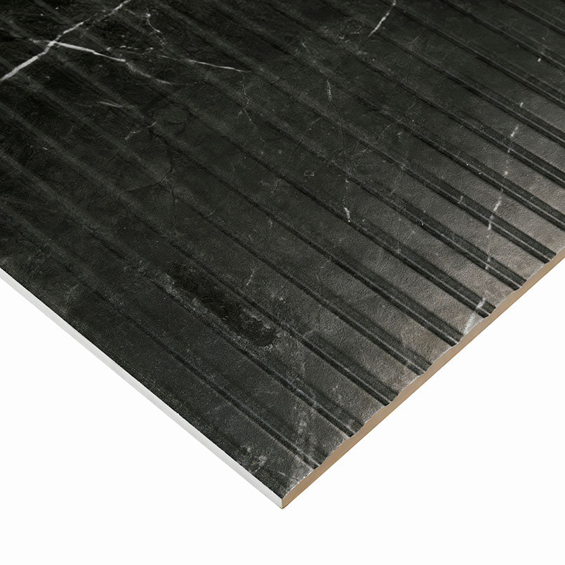 16x48 Urbanslat Mosaic Wood-Look Matte 3D Geometric Line-Relief Ceramic Tile Black Marble