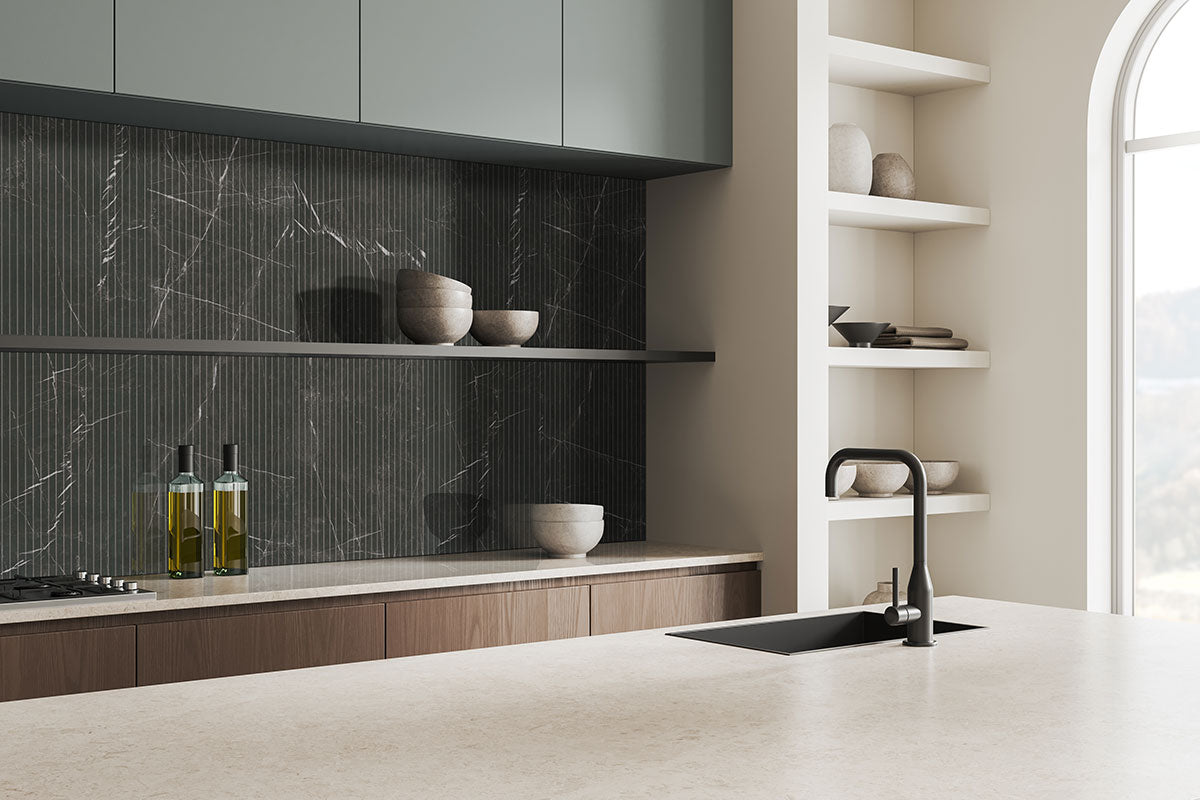 16x48 Urbanslat Mosaic Wood-Look Matte 3D Geometric Line-Relief Ceramic Tile Black Marble