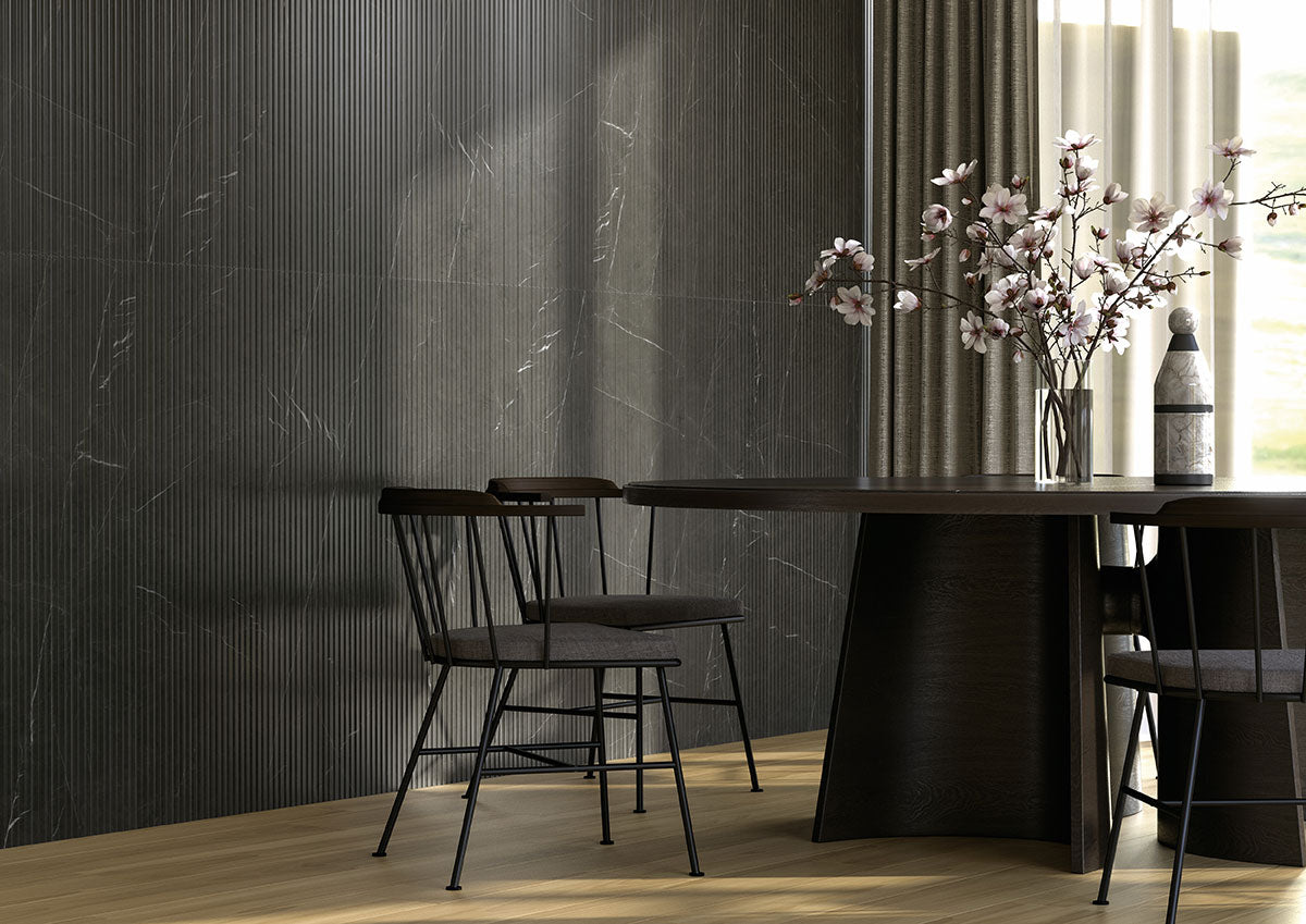 16x48 Urbanslat Mosaic Wood-Look Matte 3D Geometric Line-Relief Ceramic Tile Black Marble