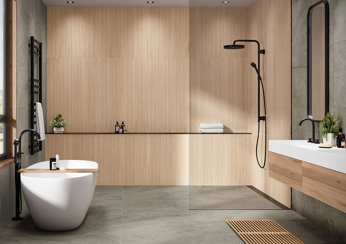 16x48 Urbanslat Mosaic Wood-Look Matte 3D Geometric Line-Relief Ceramic Tile Light Beige