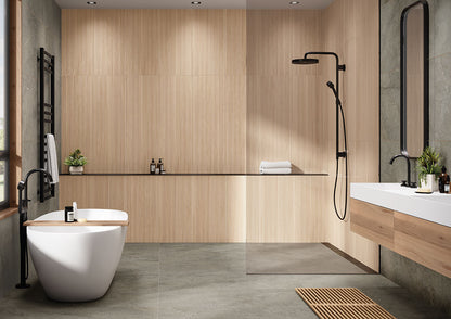 16x48 Urbanslat Mosaic Wood-Look Matte 3D Geometric Line-Relief Ceramic Tile Light Beige